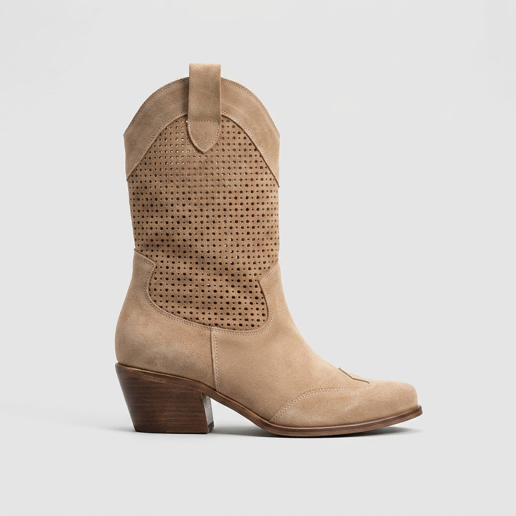 Women's Boots Perforated Mid-Calf Western Block Heel Pull-On