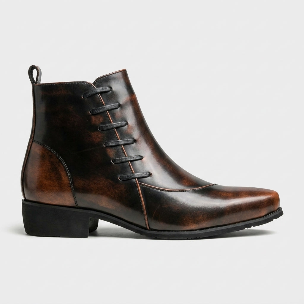 Men's Ankle Boots Pointed Toe Side Zip Lacing Detail Block Heel