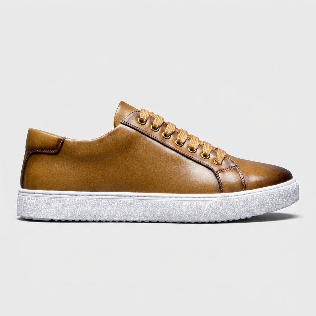 Men's Leather Low Top Sneakers - Round Toe Lace-Up