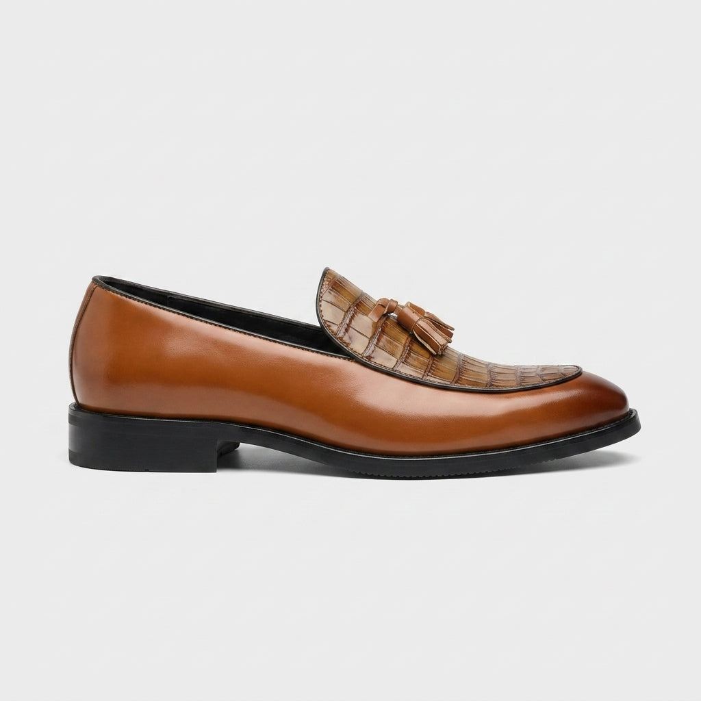 Men's Penny Loafers Leather - Tassel Detail - Croc-Embossed Vamp