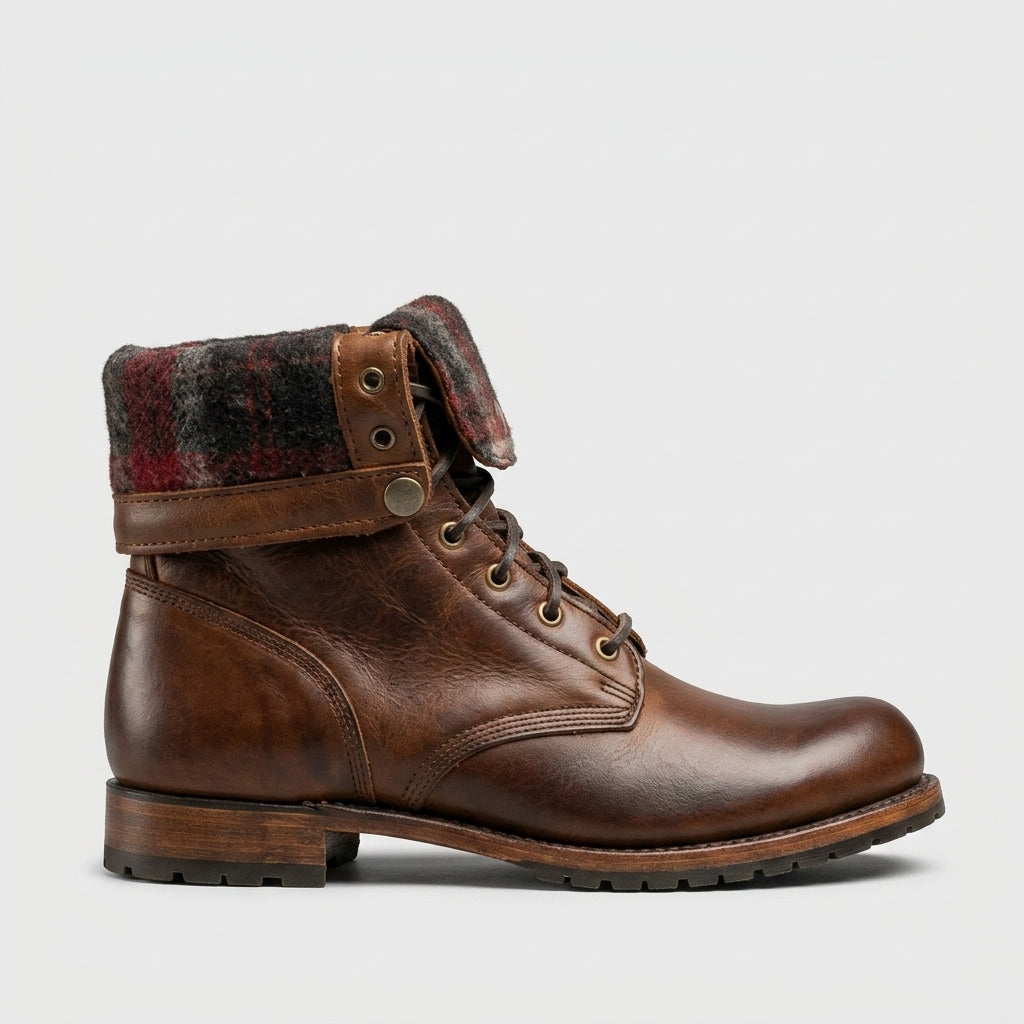 Men's Boots Mid-Calf Lace-Up Round Toe Leather Combat Style