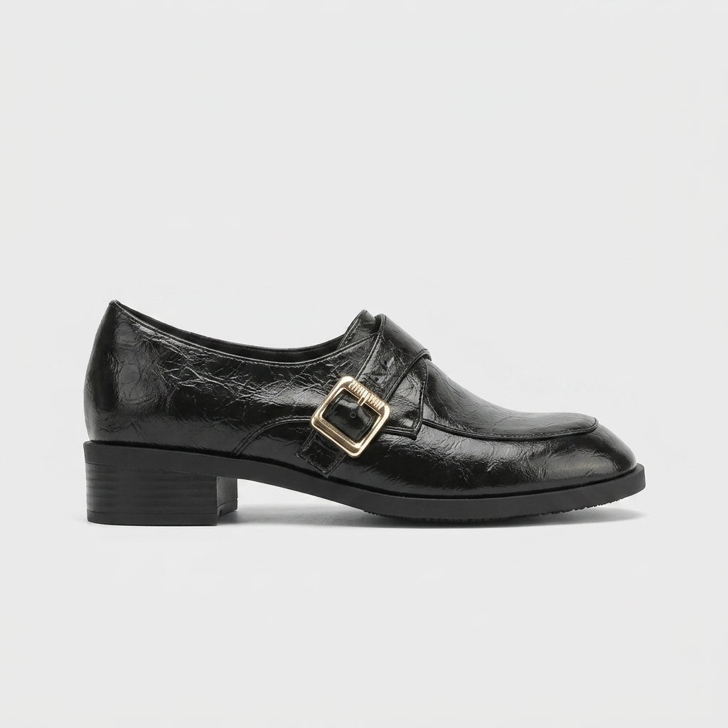 Women's Loafers - Low Block Heel - Buckle Strap - Glossy Finish