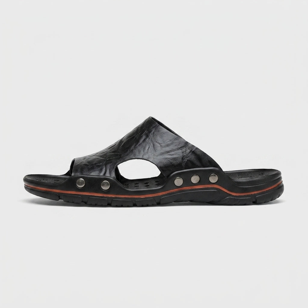 Men's Leather Slide Sandals - Open Toe Studded Sole