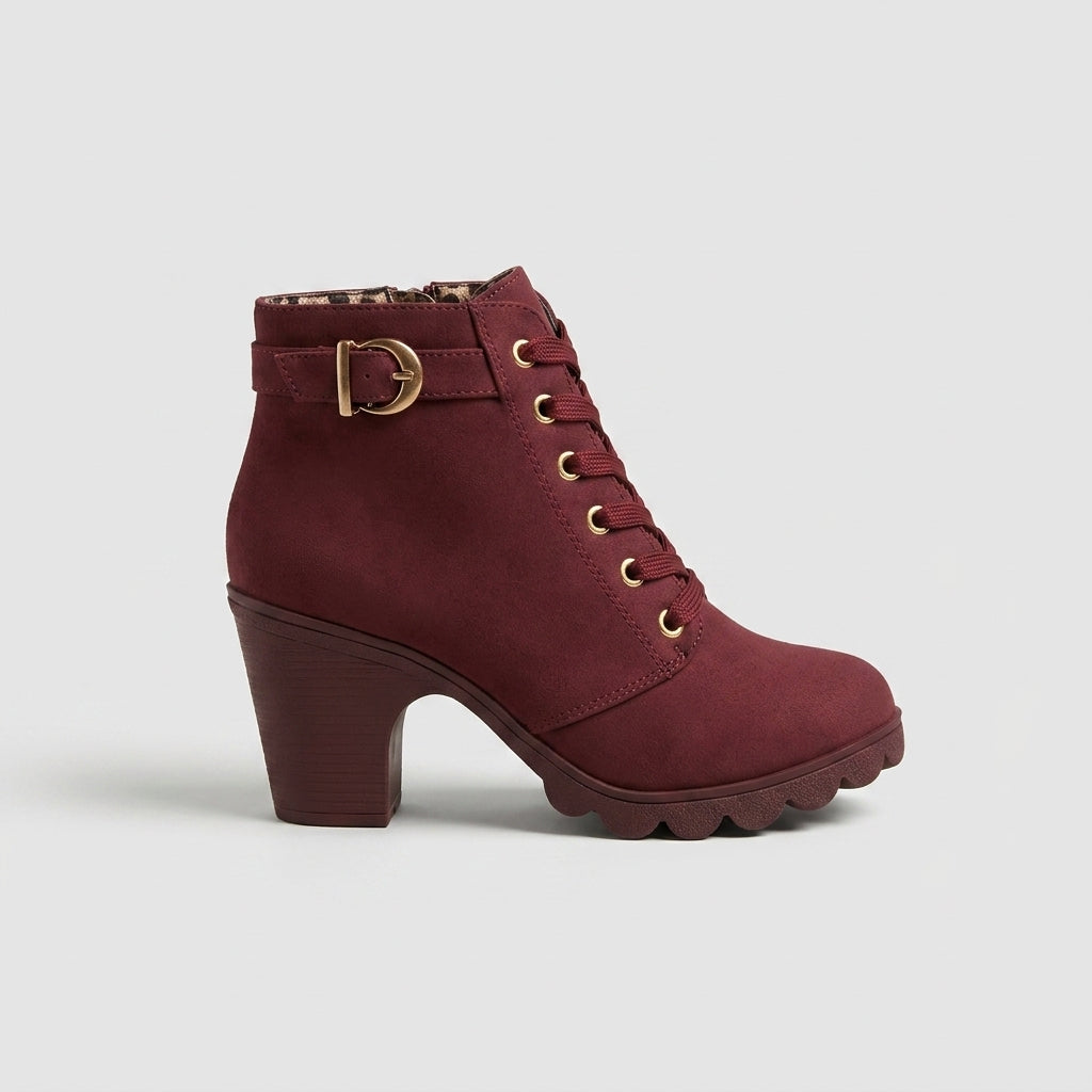 Women's Ankle Boots - Block Heel - Lace-Up - Side Zip - Buckle