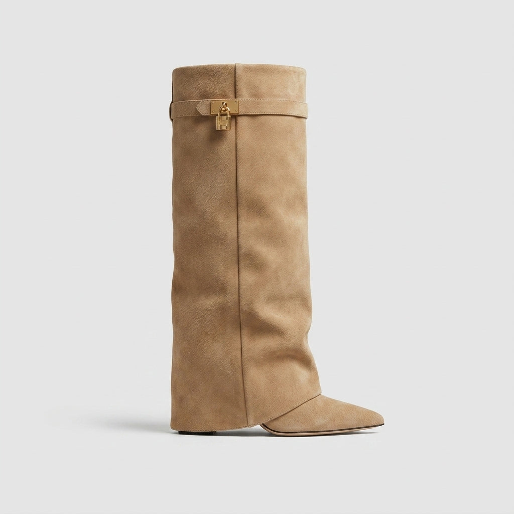 Women's Knee High Boots - Pointed Toe - Block Heel - Gold Buckle