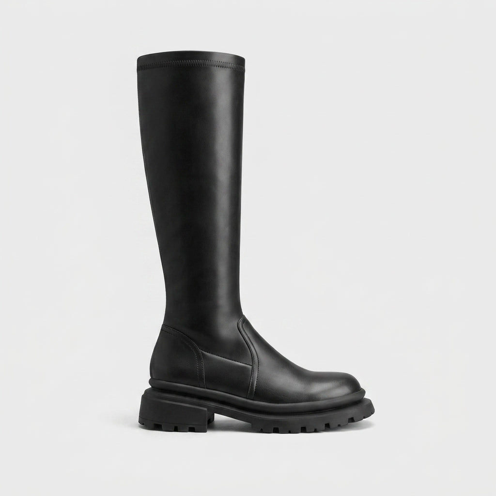 Women's Leather Knee High Boots - Chunky Lug Sole