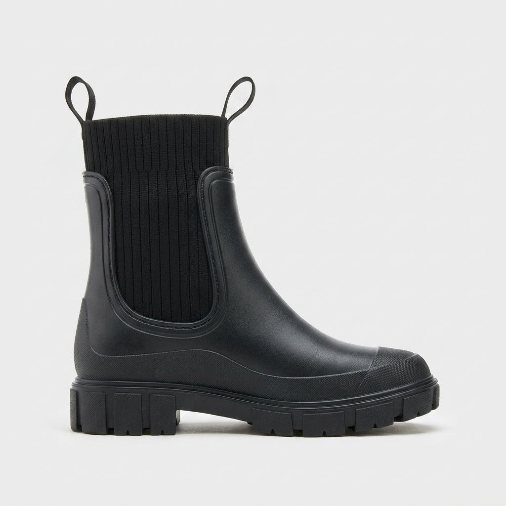 Women's Rain Boots - Round Toe Knit Panel Pull-On