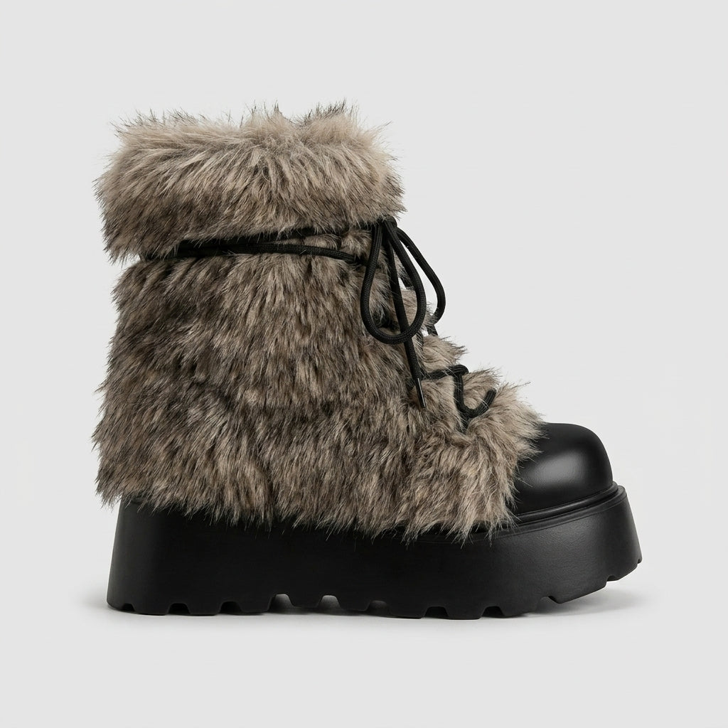 Women's Ankle Boots - Faux Fur Trim - Lace-Up - Platform Sole