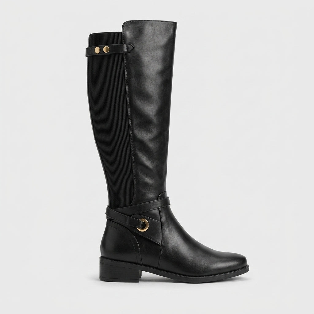 Women's Knee High Boots - Low Block Heel - Side Zip - Ribbed Panel
