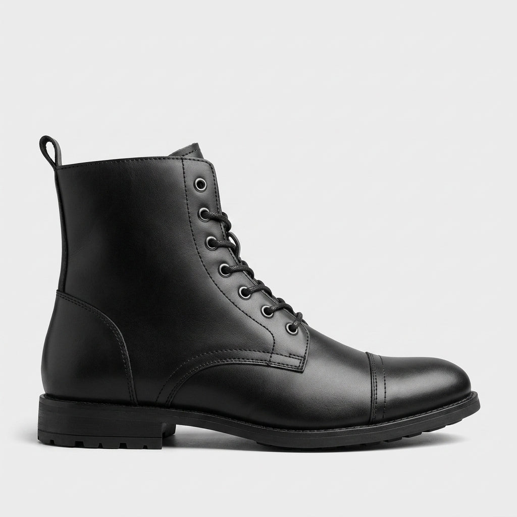 Men's Ankle Boots Lace-Up Cap-Toe Leather Low Block Heel