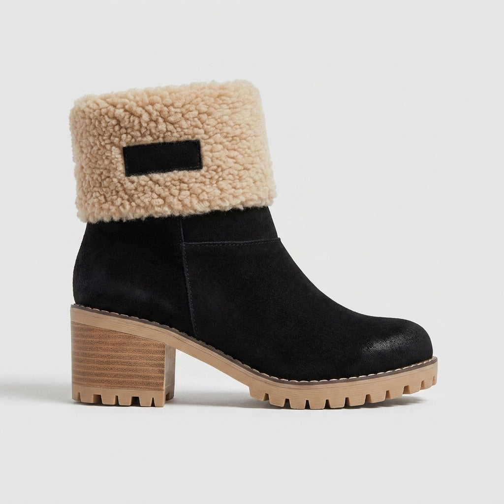 Women's Ankle Boots Faux Fur Trim - Block Heel Lug Sole Side Zip
