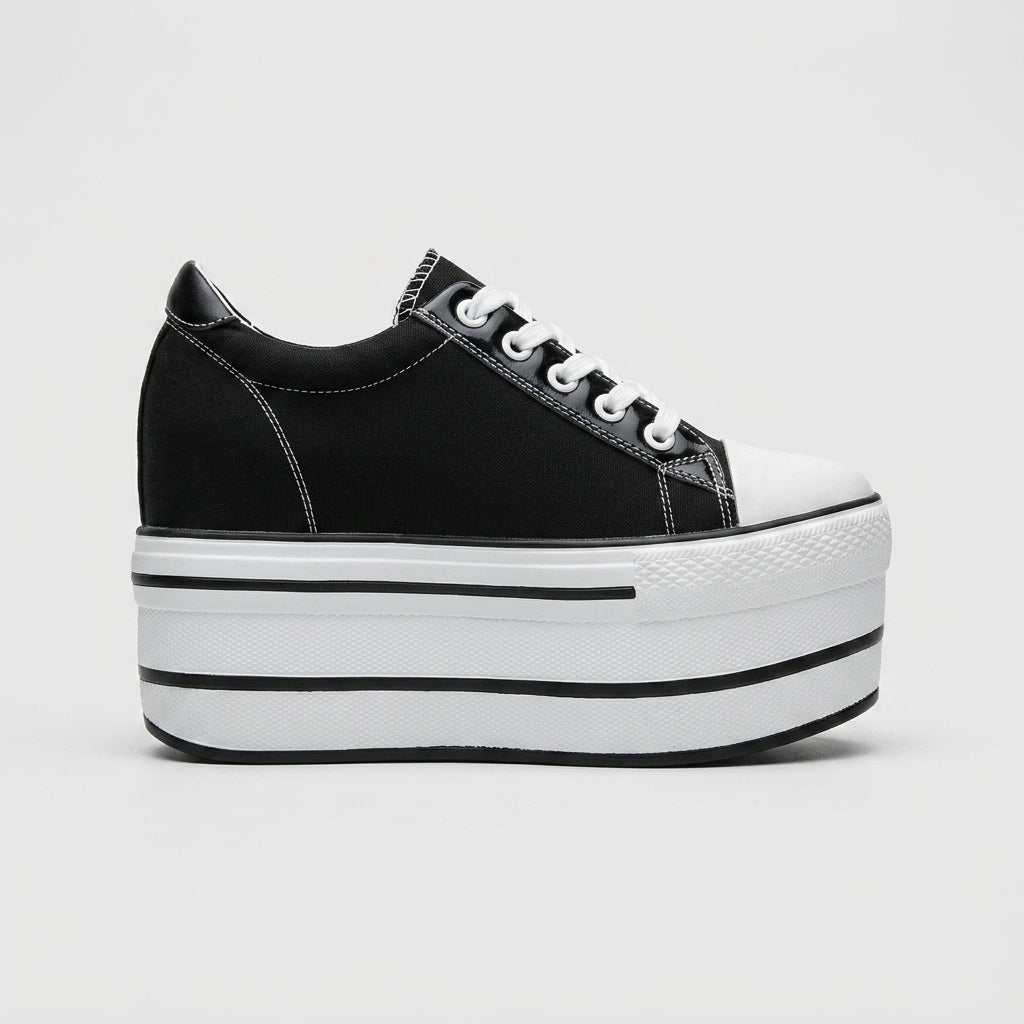 Women's Thick Sole Canvas Platform Sneakers - Round Toe Lace-Up