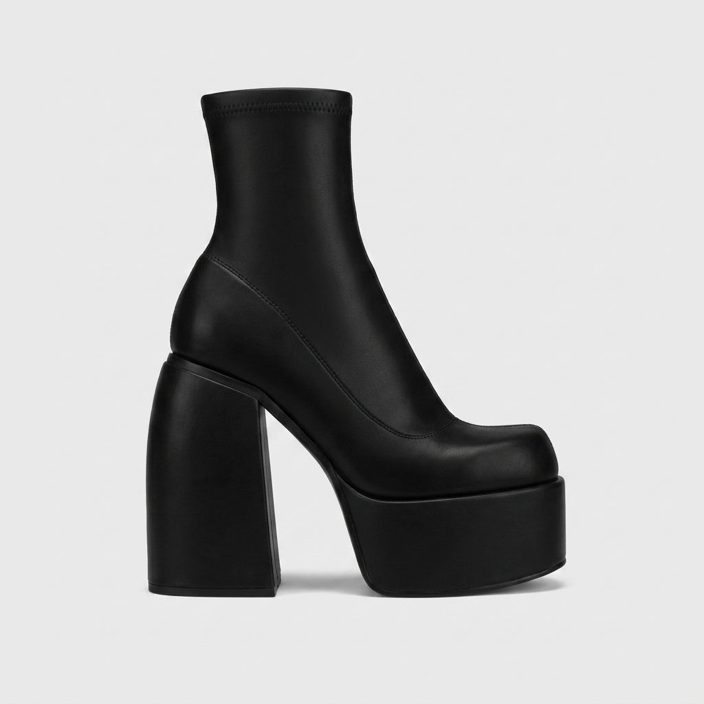 Women's Platform Boots - Ankle - Chunky Block Heel - Sock Fit - Side Zip