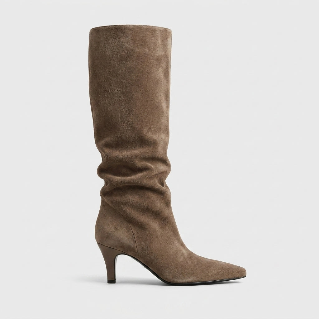 Women's Knee High Boots Pointed Toe Kitten Heel Leather