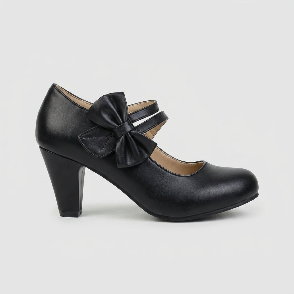 Women's Mary Jane Heels - Round Toe - Block Heel - Bow Detail