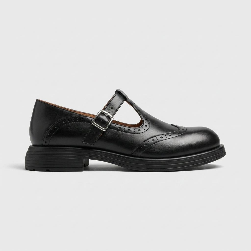 Women's Mary Jane Flats - T-Bar Strap - Brogue Detail - Buckle