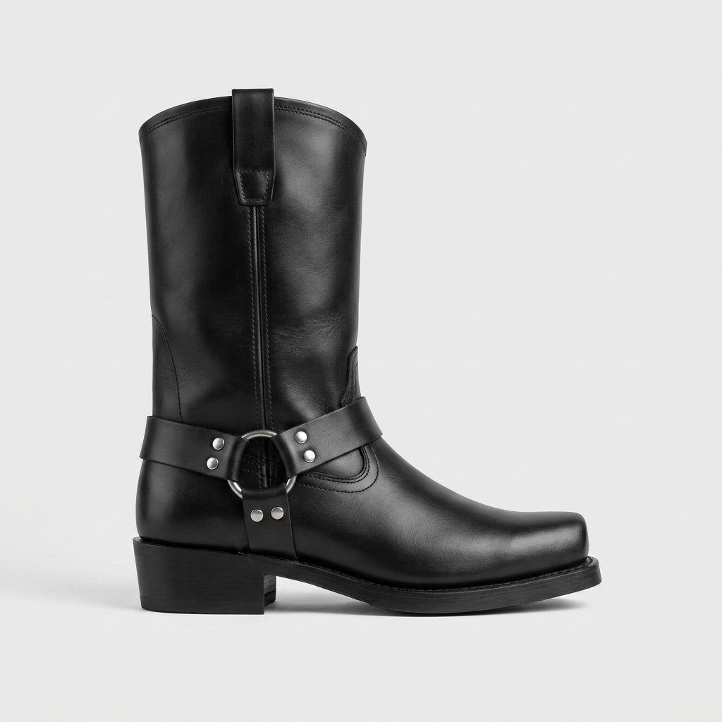 Men's Leather Harness Boots - Square Toe Buckle Strap
