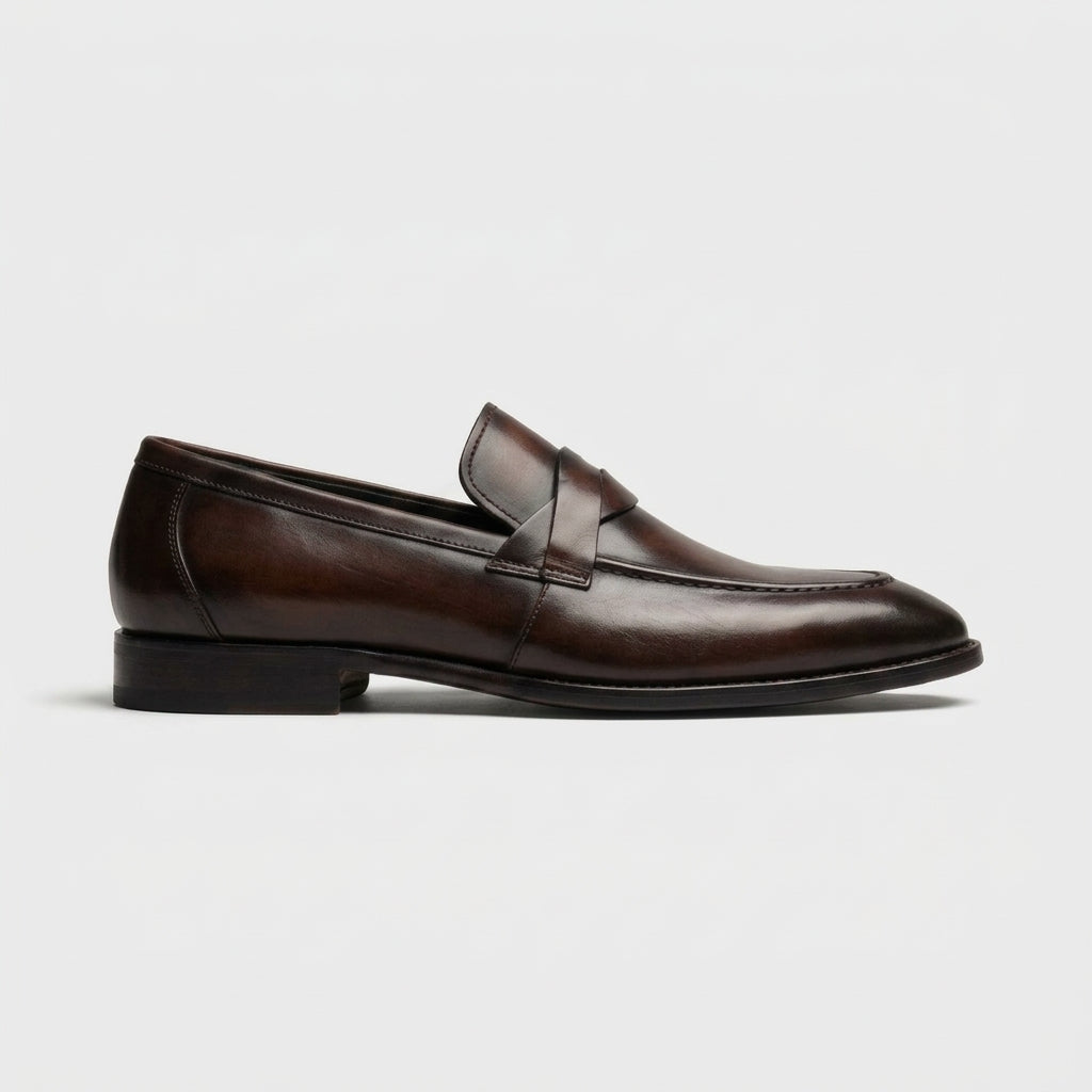 Men's Penny Loafers - Round Toe - Slip-On - Low Heel - Leather