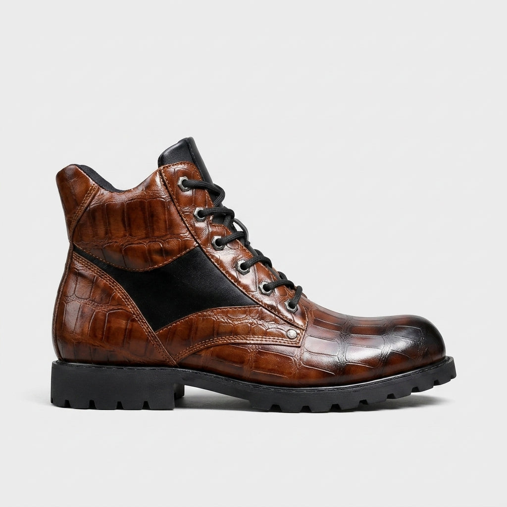 Men's Ankle Boots Lace-Up Croc-Embossed Panel Lugged Sole
