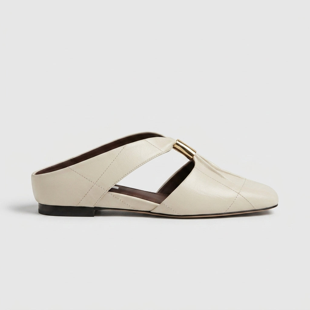 Women's Flats Square Toe Slip-On Mules Metal Bar Detail