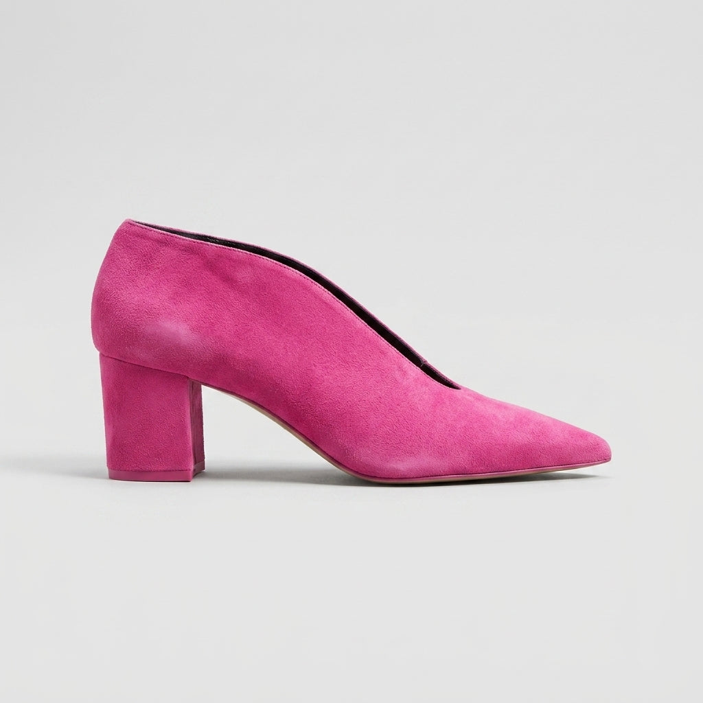 Women's Block Heels - Pointed Toe - Deep V-Cut Vamp - Suede