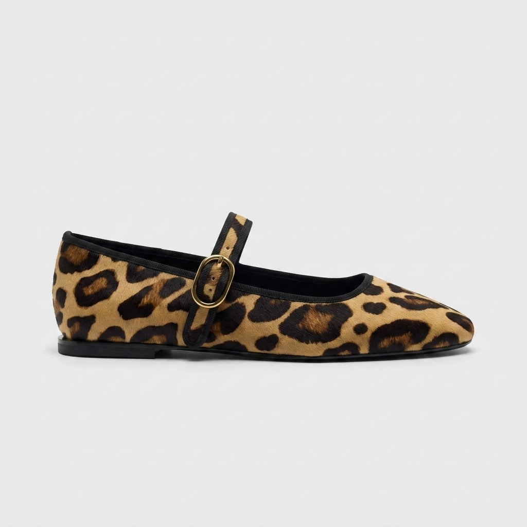 Women's Mary Jane Flats - Leopard Print - Buckle Ankle Strap
