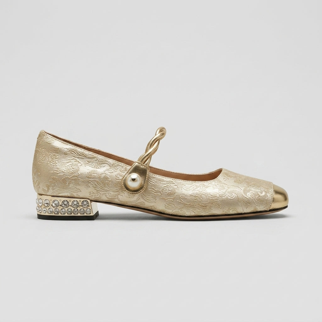 Women's Mary Jane Heels - Square Toe - Metallic Cap - Low Block