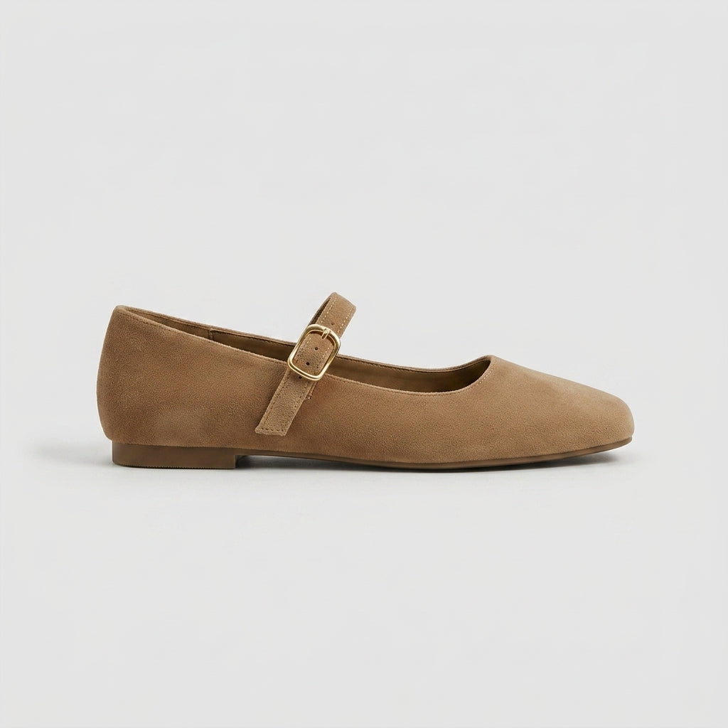 Women's Flats - Mary Jane - Suede - Round Toe - Buckle Strap