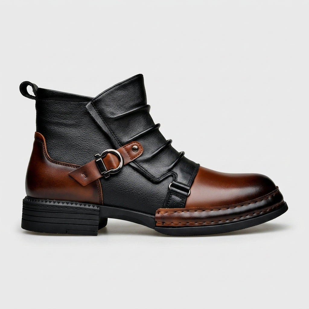 Men's Ankle Boots - Multi-Buckle Strap - Two-Tone Leather - Block Heel