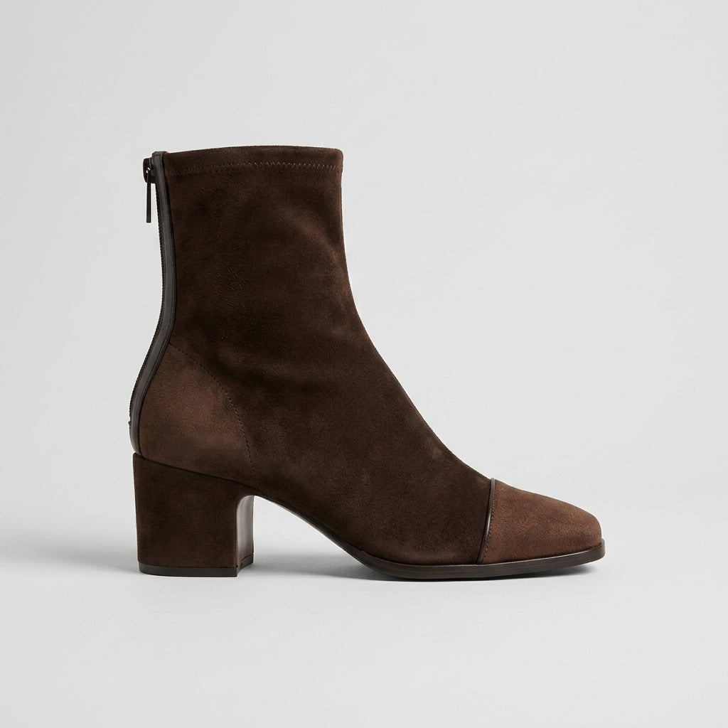 Women's Ankle Boots - Square Toe - Block Heel - Suede-Effect