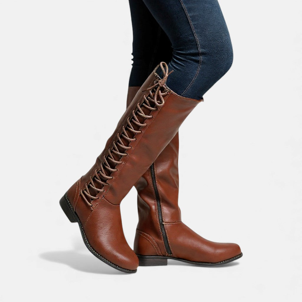 Women's Knee-High Boots - Round Toe Lace-Up Low Block Heel Side Zip