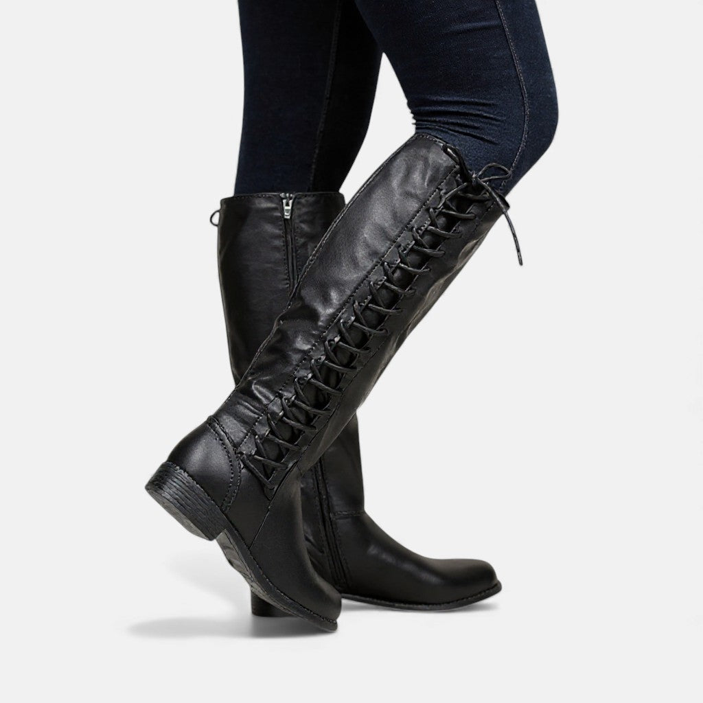 Women's Knee-High Boots - Round Toe Lace-Up Low Block Heel Side Zip