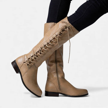 Women's Knee-High Boots - Round Toe Lace-Up Low Block Heel Side Zip