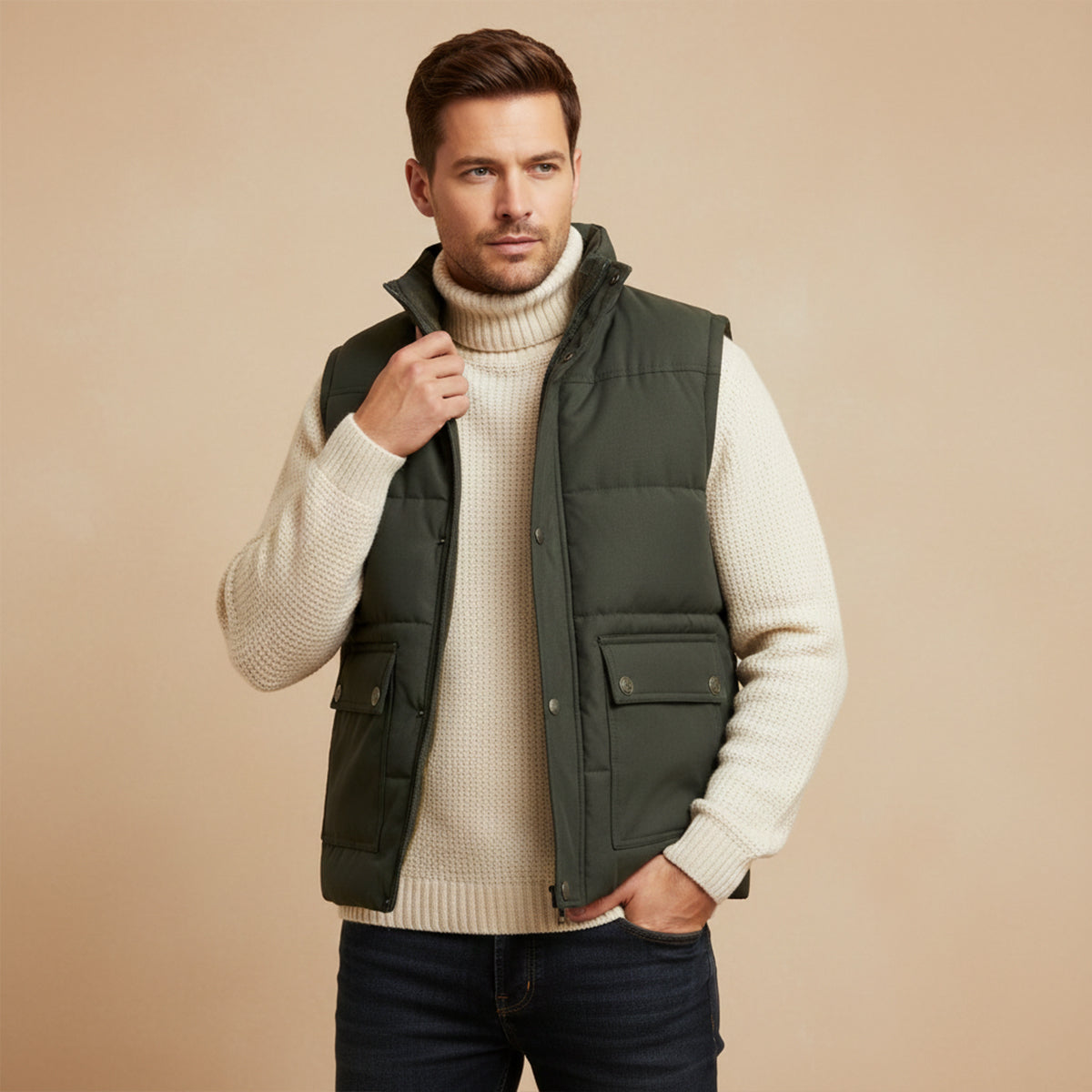 Men’s Insulated Winter Vest with High Neck and Button Front