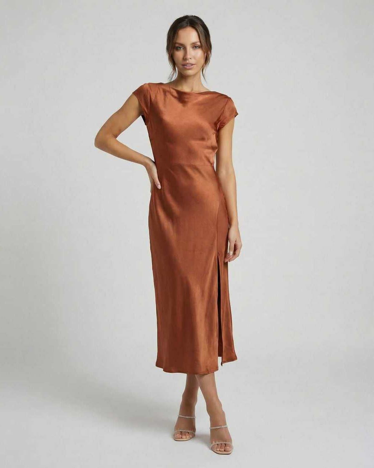 Celestria | Elegant Satin Bow Back Midi Dress