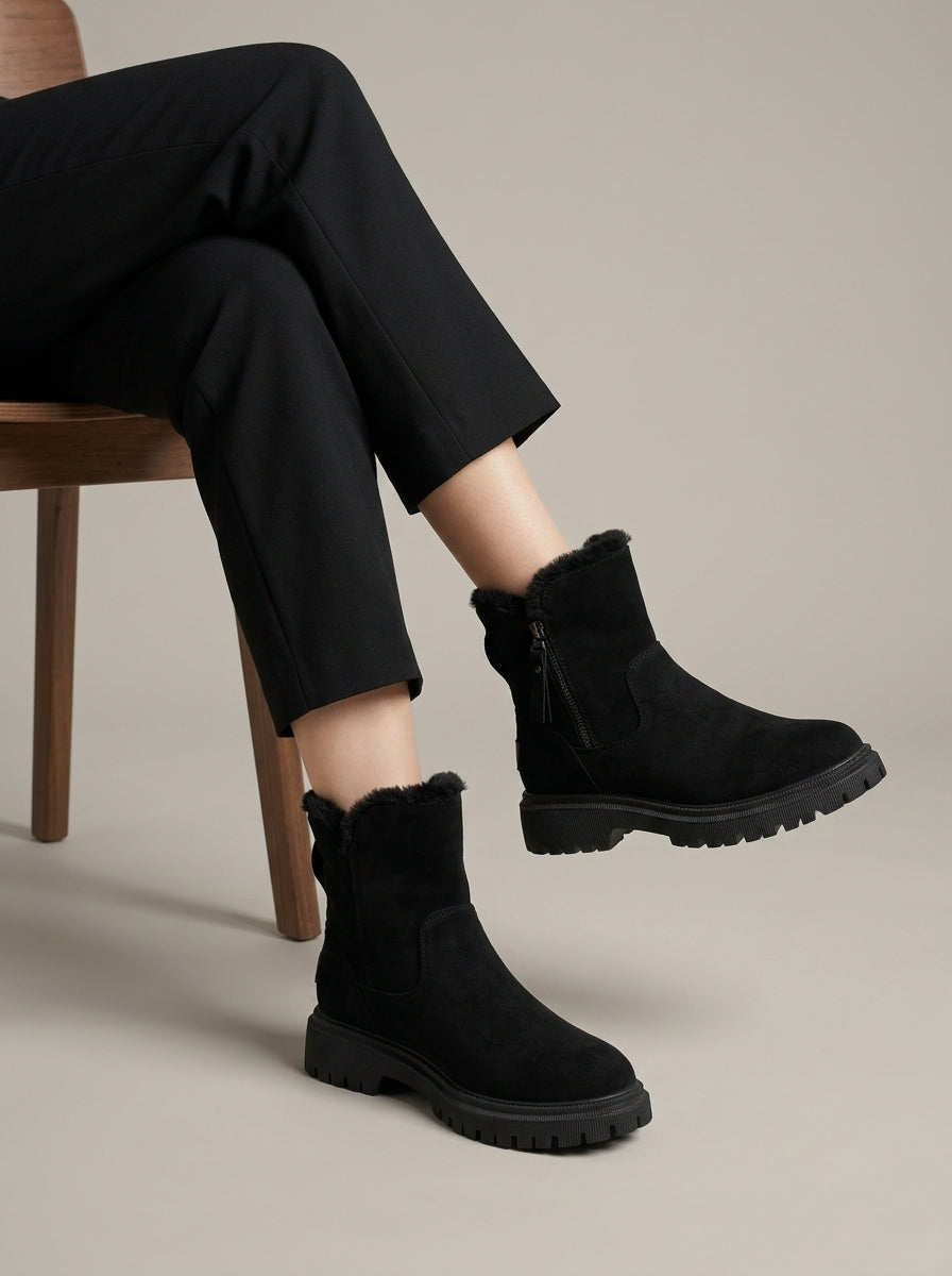 Women's Suede Shearling Ankle Boots - Round Toe Zip