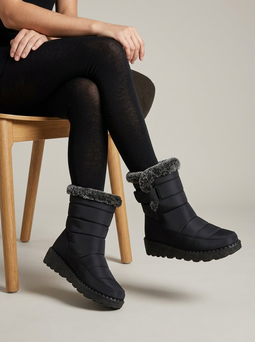 Women's Fur-Trim Snow Boots - Round Toe Buckle Strap