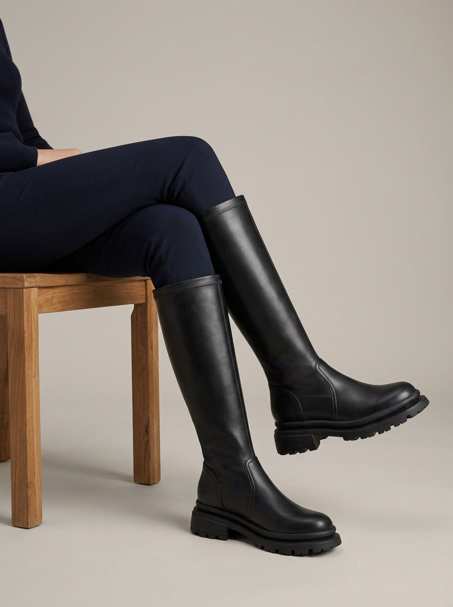 Women's Leather Knee High Boots - Chunky Lug Sole