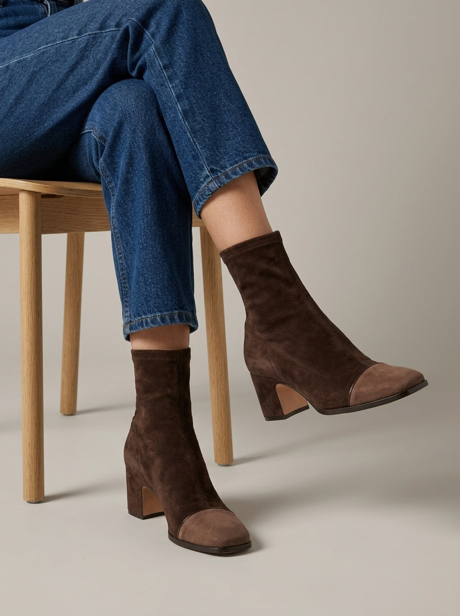 Women's Ankle Boots - Square Toe - Block Heel - Suede-Effect