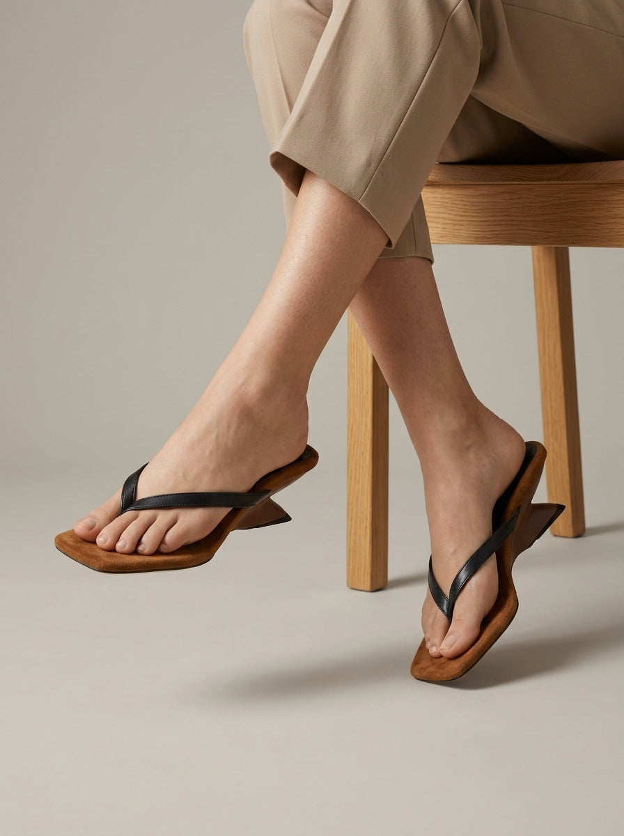 Women's Thong Sandals - Square Toe Sculpted Heel