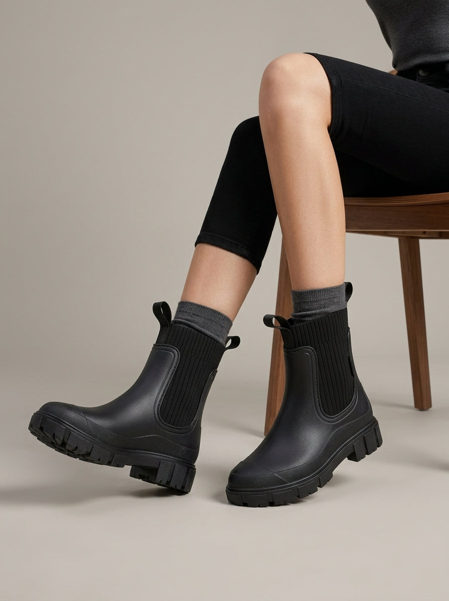 Women's Rain Boots - Round Toe Knit Panel Pull-On