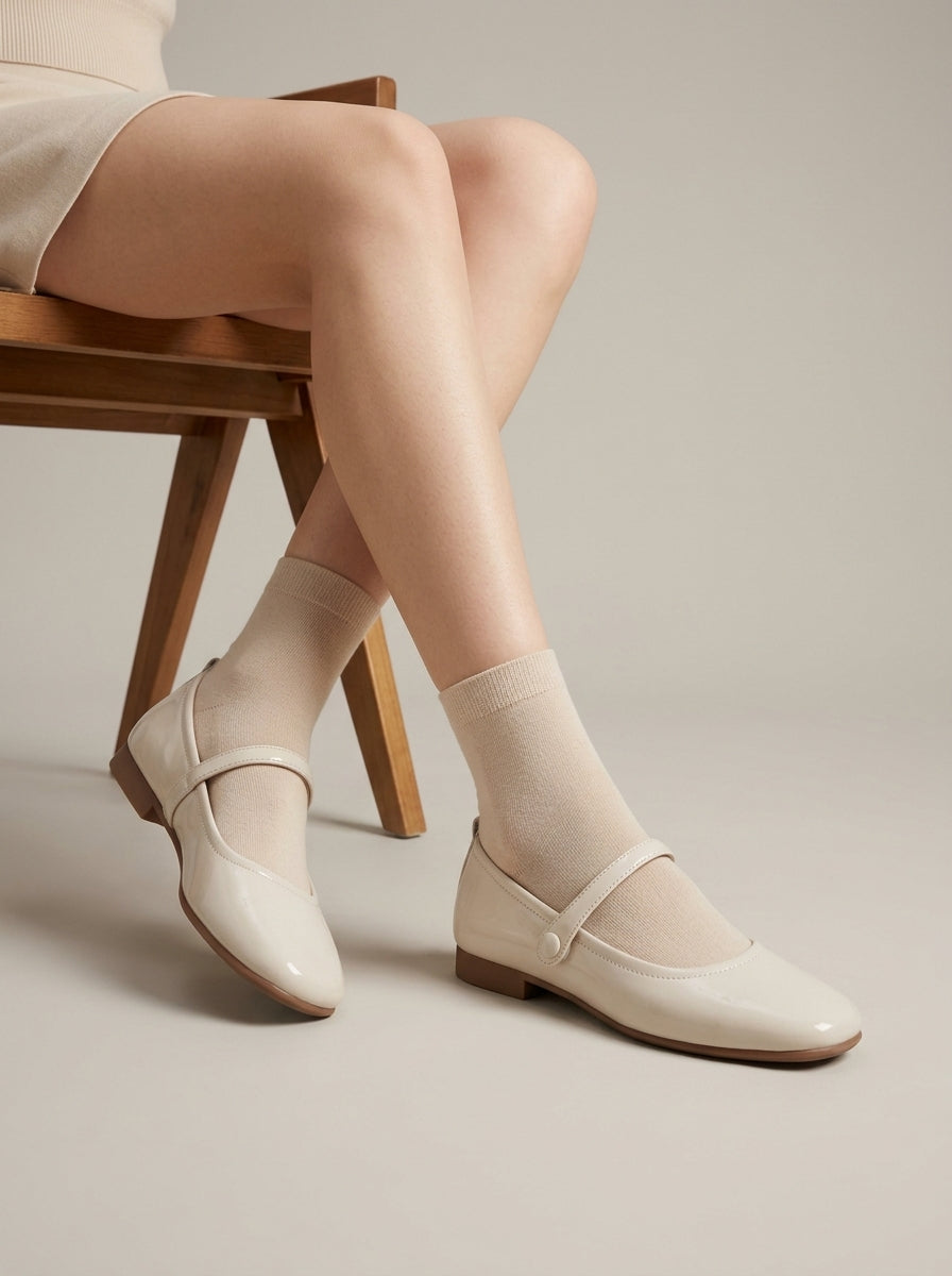 Women's Mary Jane Flats - Rounded Toe - Buckle Strap - Low Block Heel