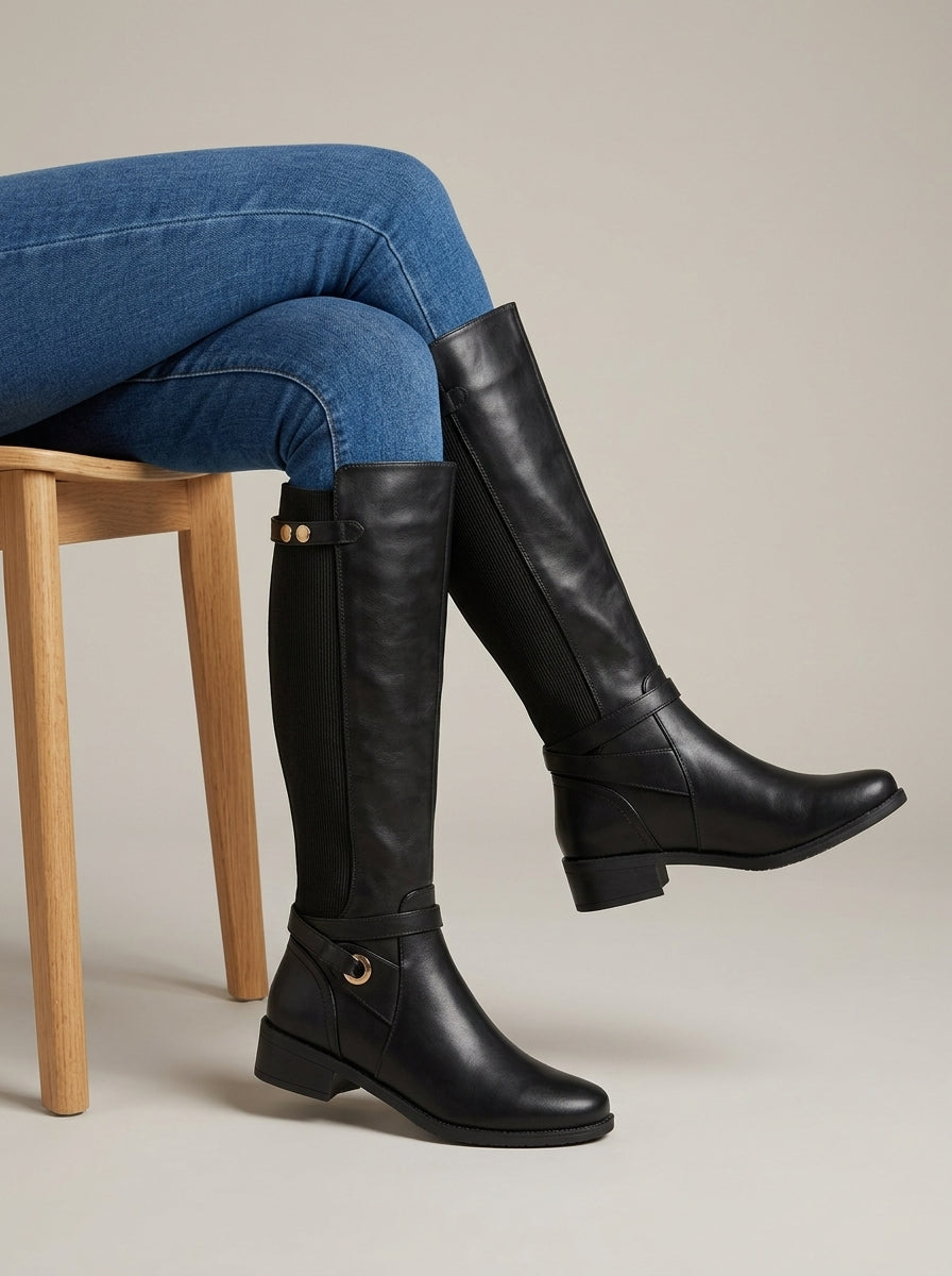 Women's Knee High Boots - Low Block Heel - Side Zip - Ribbed Panel