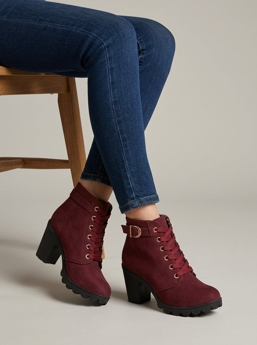 Women's Ankle Boots - Block Heel - Lace-Up - Side Zip - Buckle