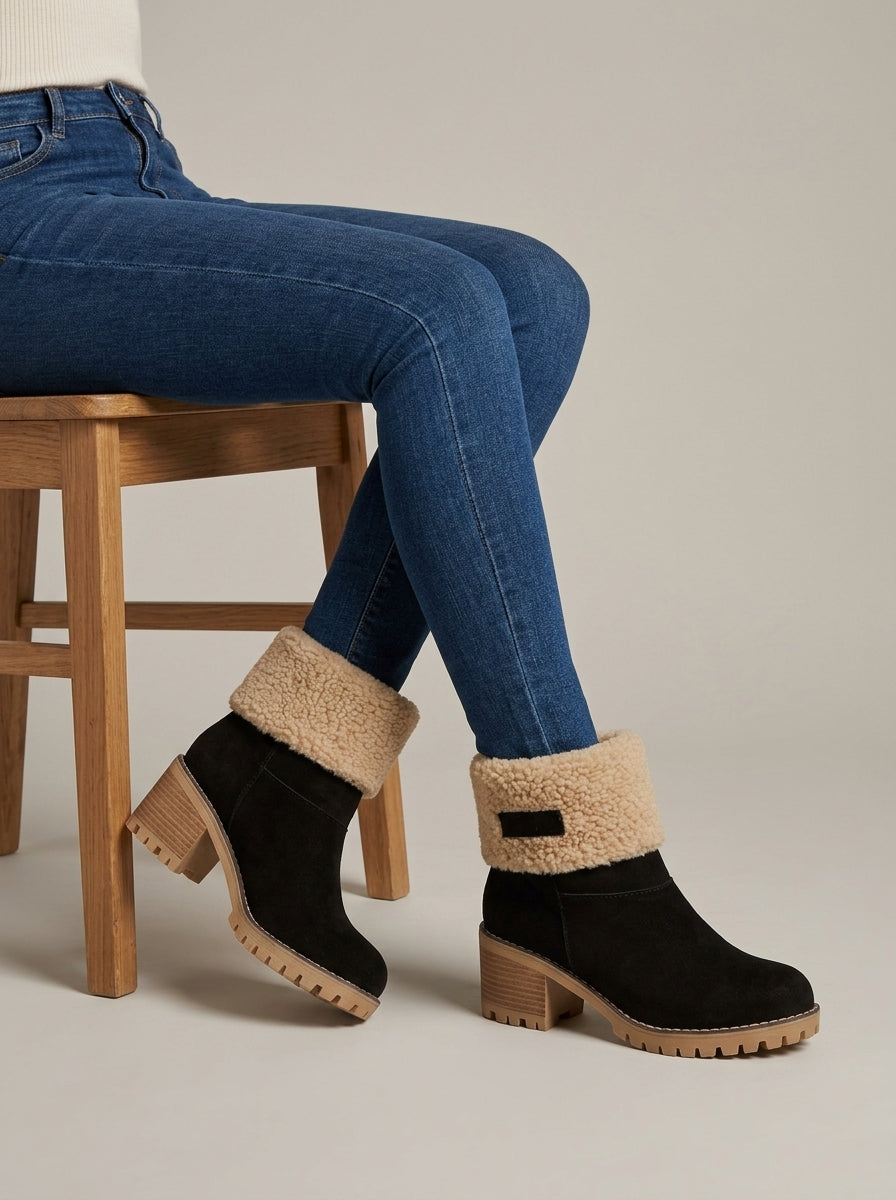Women's Ankle Boots Faux Fur Trim - Block Heel Lug Sole Side Zip
