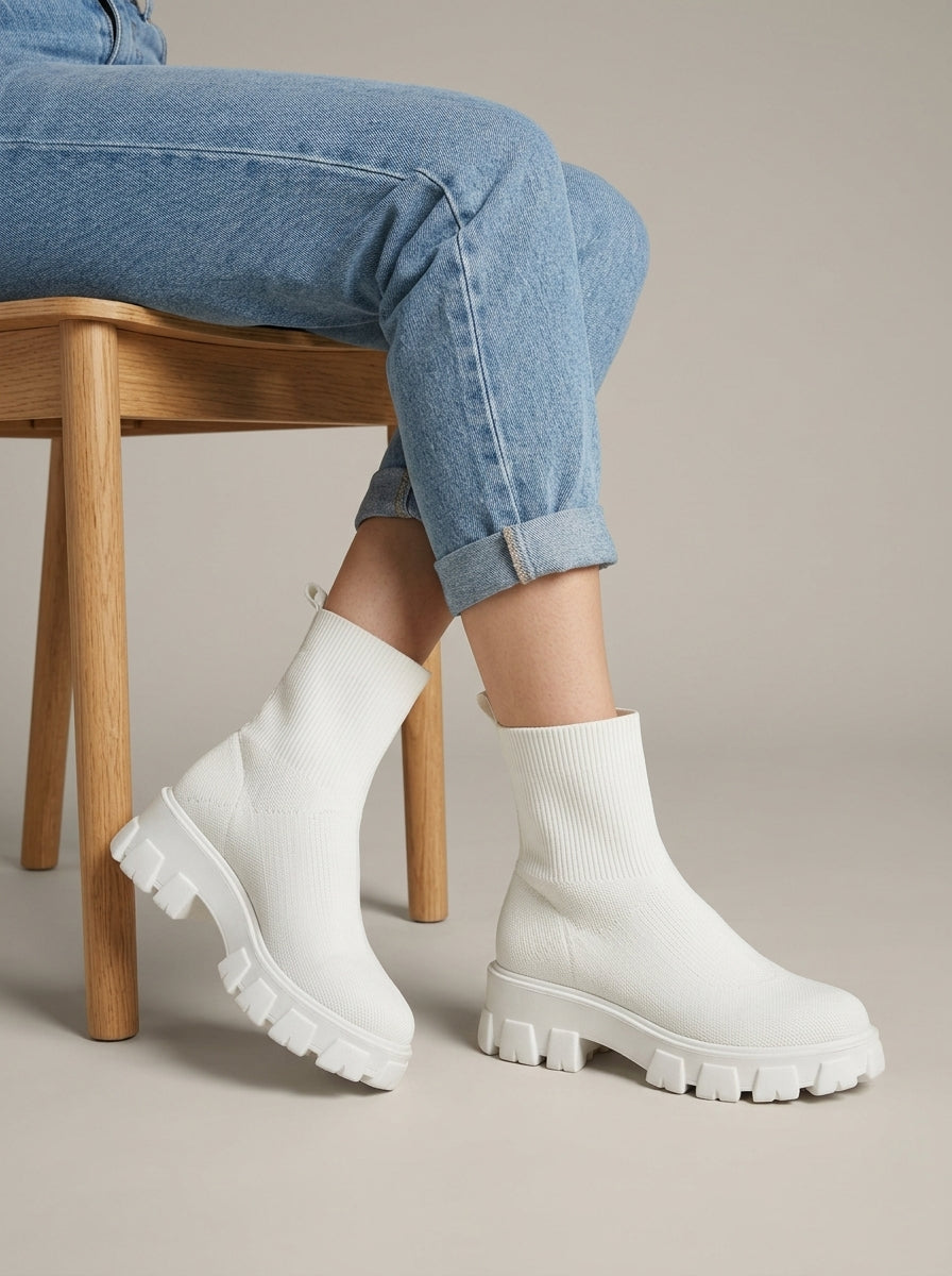 Women's Platform Boots Ankle Sock-Fit Chunky Lug Sole
