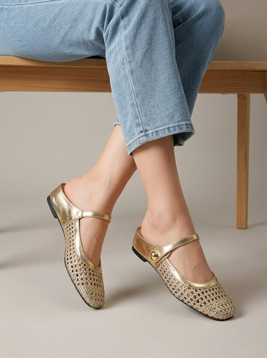 Women's Flats Mary Jane Mule - Woven Mesh - Square Toe - Flat Sole