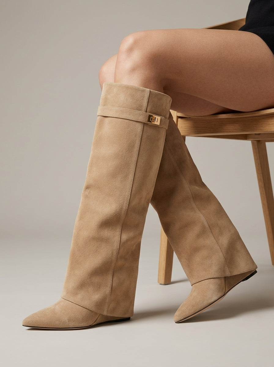 Women's Knee High Boots - Pointed Toe - Block Heel - Gold Buckle