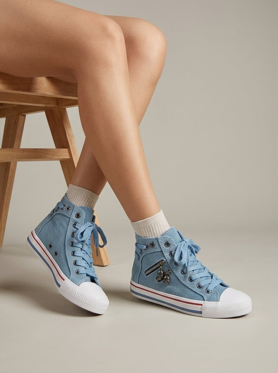 Women's Denim High-Top Sneakers - Cap Toe Lace-Up