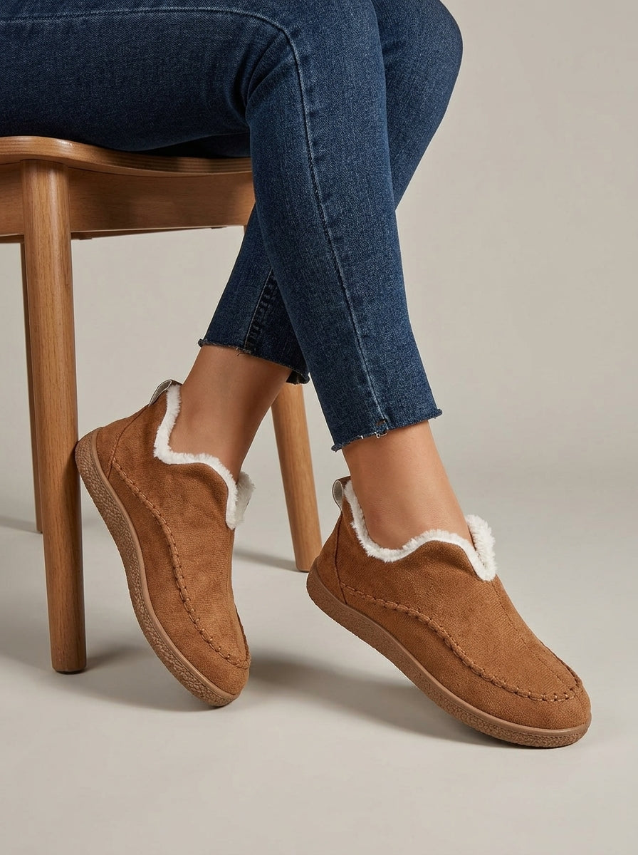 Women's Suede Shearling-Lined Slippers - Round Toe